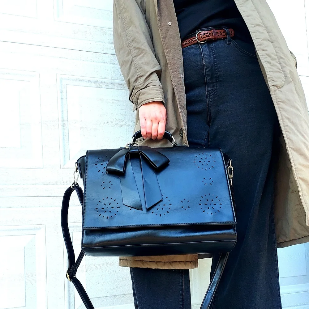 Black Laptop Bag with Decorative Bow - Women Bags Laptop Bags